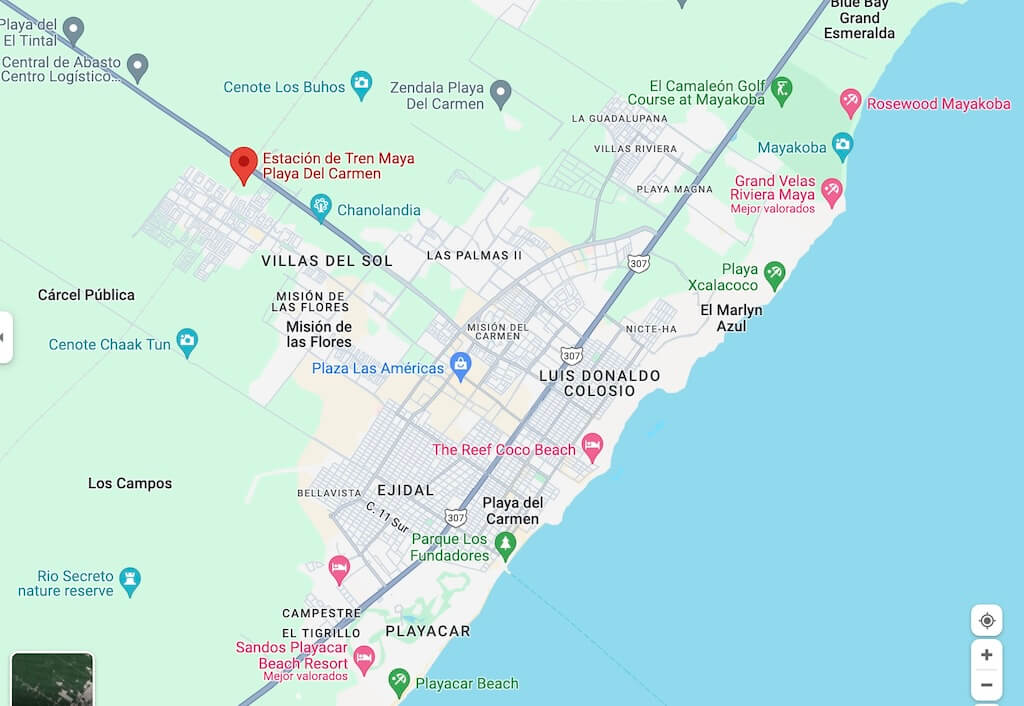 map view of Playa del Carmen showing location of the Maya Train station