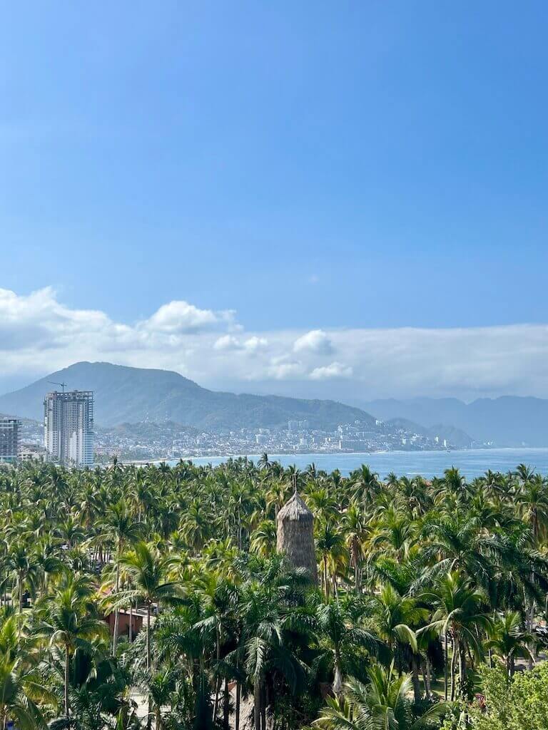 looking south along the puerto vallarta shoreline across the bay of banderas, with palm trees in the foreground